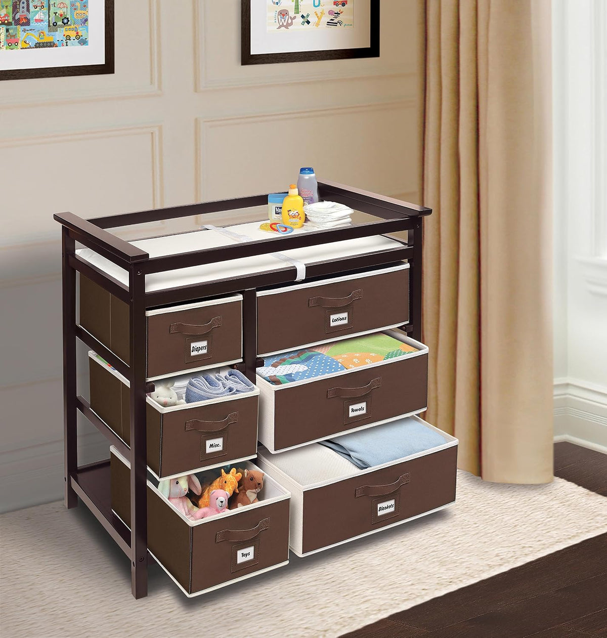 Modern Baby Changing Table - Diaper Station Organizer with 6 Storage Drawers, Reversible Baskets, Safety Rails - Baby Nursery Furniture with Changing Pad and Belt - White