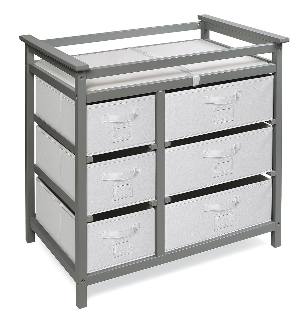 Modern Baby Changing Table - Diaper Station Organizer with 6 Storage Drawers, Reversible Baskets, Safety Rails - Baby Nursery Furniture with Changing Pad and Belt - White