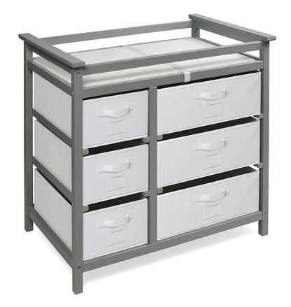 Modern Baby Changing Table - Diaper Station Organizer with 6 Storage Drawers, Reversible Baskets, Safety Rails - Baby Nursery Furniture with Changing Pad and Belt - White