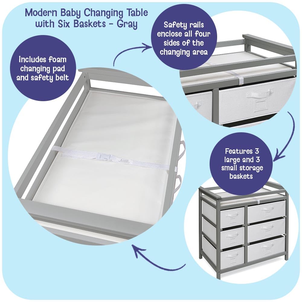 Modern Baby Changing Table - Diaper Station Organizer with 6 Storage Drawers, Reversible Baskets, Safety Rails - Baby Nursery Furniture with Changing Pad and Belt - White