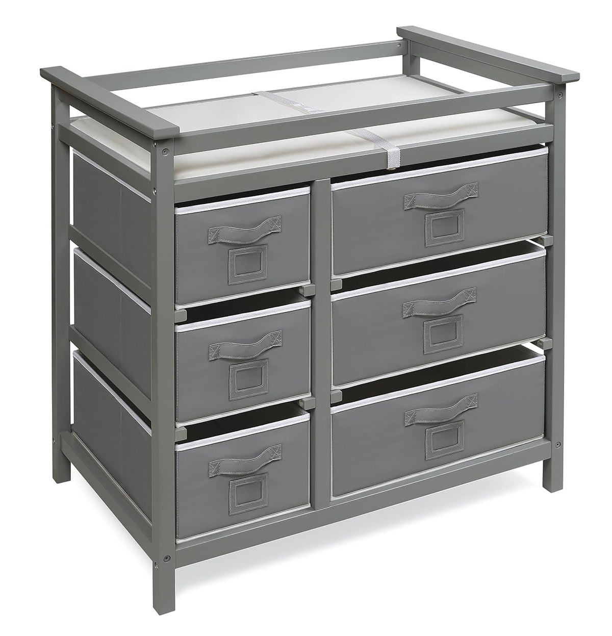 Modern Baby Changing Table - Diaper Station Organizer with 6 Storage Drawers, Reversible Baskets, Safety Rails - Baby Nursery Furniture with Changing Pad and Belt - White