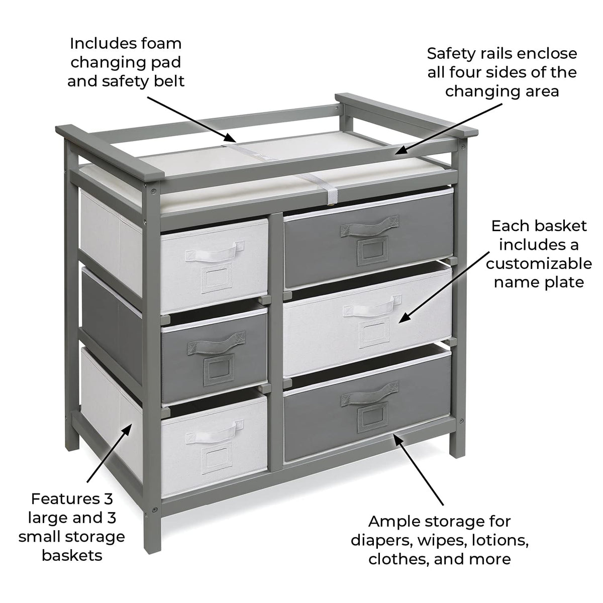 Modern Baby Changing Table - Diaper Station Organizer with 6 Storage Drawers, Reversible Baskets, Safety Rails - Baby Nursery Furniture with Changing Pad and Belt - White