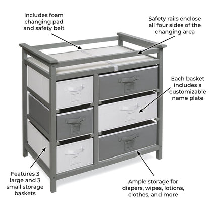 Modern Baby Changing Table - Diaper Station Organizer with 6 Storage Drawers, Reversible Baskets, Safety Rails - Baby Nursery Furniture with Changing Pad and Belt - White
