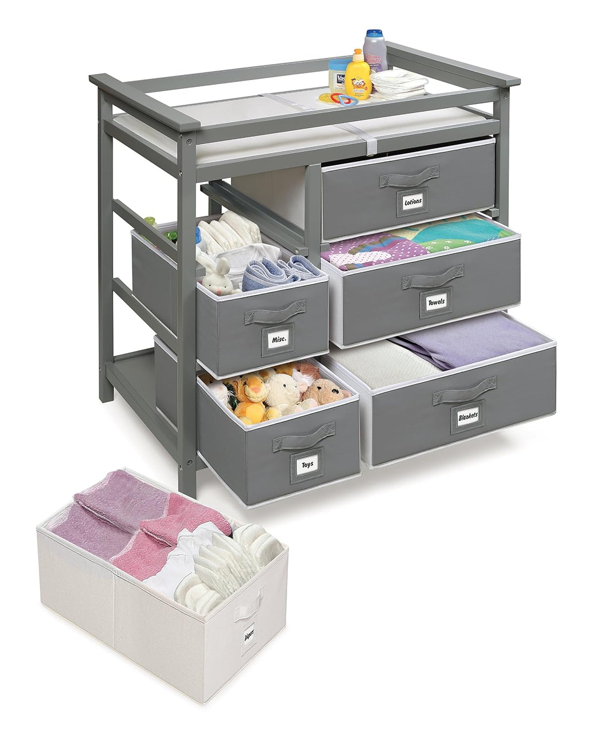 Modern Baby Changing Table - Diaper Station Organizer with 6 Storage Drawers, Reversible Baskets, Safety Rails - Baby Nursery Furniture with Changing Pad and Belt - White