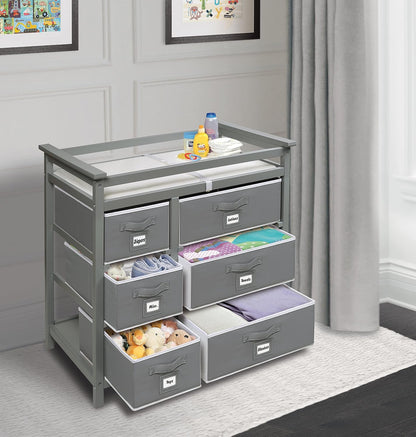 Modern Baby Changing Table - Diaper Station Organizer with 6 Storage Drawers, Reversible Baskets, Safety Rails - Baby Nursery Furniture with Changing Pad and Belt - White