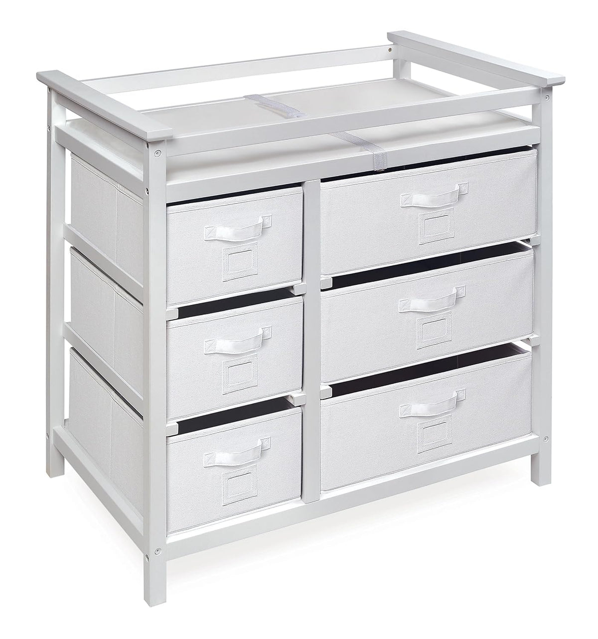 Modern Baby Changing Table - Diaper Station Organizer with 6 Storage Drawers, Reversible Baskets, Safety Rails - Baby Nursery Furniture with Changing Pad and Belt - White