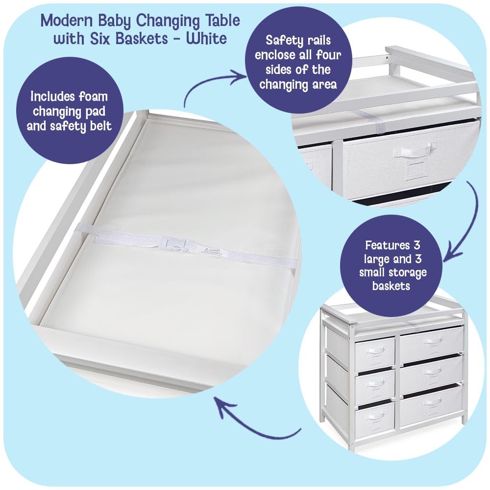 Modern Baby Changing Table - Diaper Station Organizer with 6 Storage Drawers, Reversible Baskets, Safety Rails - Baby Nursery Furniture with Changing Pad and Belt - White
