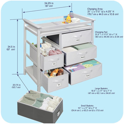 Modern Baby Changing Table - Diaper Station Organizer with 6 Storage Drawers, Reversible Baskets, Safety Rails - Baby Nursery Furniture with Changing Pad and Belt - White