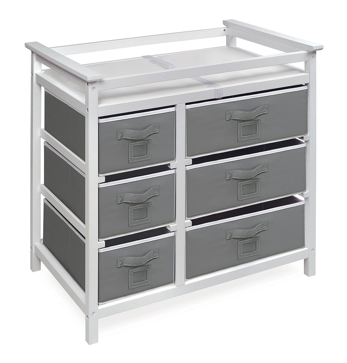 Modern Baby Changing Table - Diaper Station Organizer with 6 Storage Drawers, Reversible Baskets, Safety Rails - Baby Nursery Furniture with Changing Pad and Belt - White