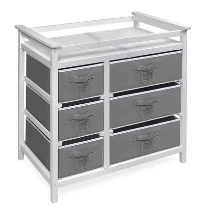 Modern Baby Changing Table - Diaper Station Organizer with 6 Storage Drawers, Reversible Baskets, Safety Rails - Baby Nursery Furniture with Changing Pad and Belt - White