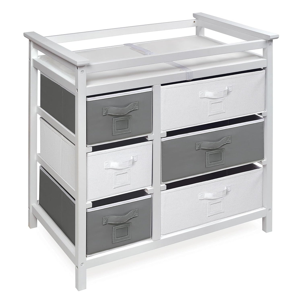 Modern Baby Changing Table - Diaper Station Organizer with 6 Storage Drawers, Reversible Baskets, Safety Rails - Baby Nursery Furniture with Changing Pad and Belt - White