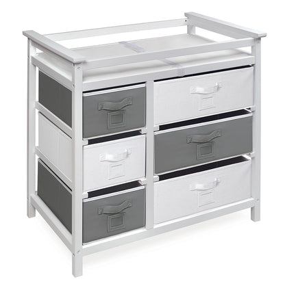 Modern Baby Changing Table - Diaper Station Organizer with 6 Storage Drawers, Reversible Baskets, Safety Rails - Baby Nursery Furniture with Changing Pad and Belt - White