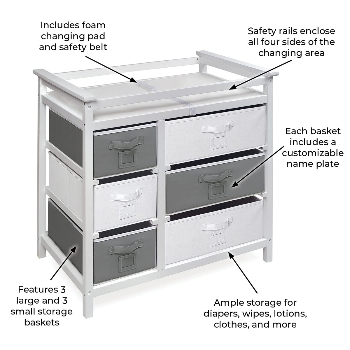 Modern Baby Changing Table - Diaper Station Organizer with 6 Storage Drawers, Reversible Baskets, Safety Rails - Baby Nursery Furniture with Changing Pad and Belt - White