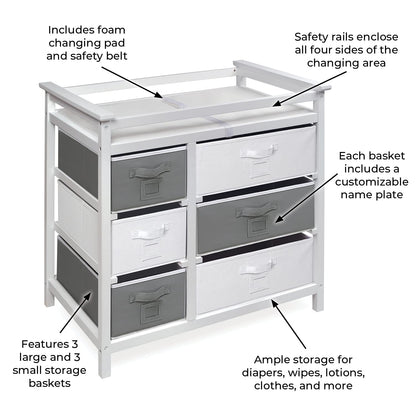 Modern Baby Changing Table - Diaper Station Organizer with 6 Storage Drawers, Reversible Baskets, Safety Rails - Baby Nursery Furniture with Changing Pad and Belt - White