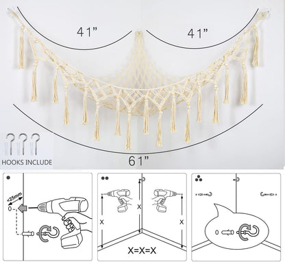 Stuffed Animal Net or Hammock - Macrame Toy Storage, Plush Organizer, Corner Hanging Net, Boho Nursery for Kidroom Playroom - Cream