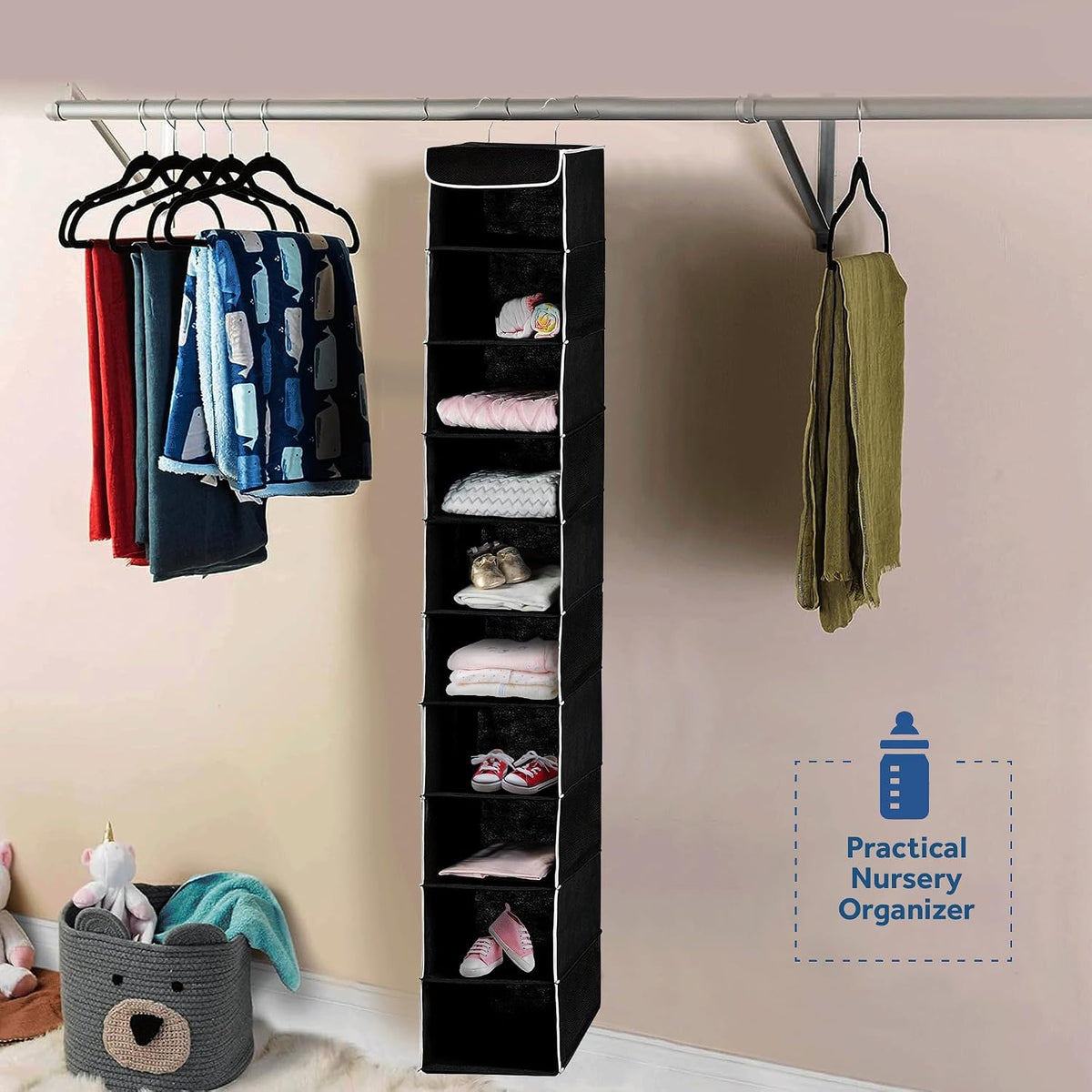 Hanging Closet Organizer, 5-Shelf - Hanging Storage Organizer Shelves for Clothes, Towels, Toys - College Dorm Room, Nursery, & Home Closet