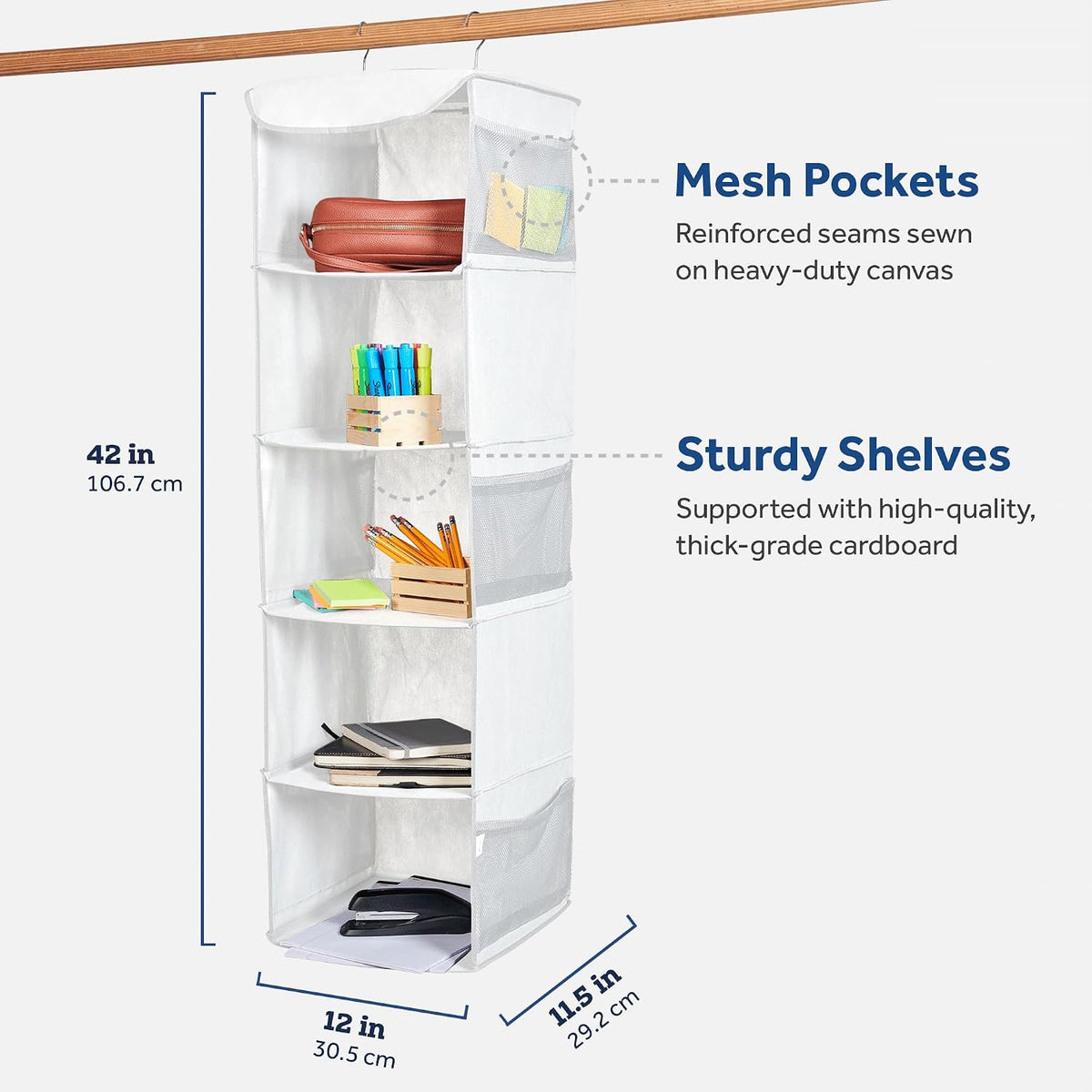 Hanging Closet Organizer, 5-Shelf - Hanging Storage Organizer Shelves for Clothes, Towels, Toys - College Dorm Room, Nursery, & Home Closet