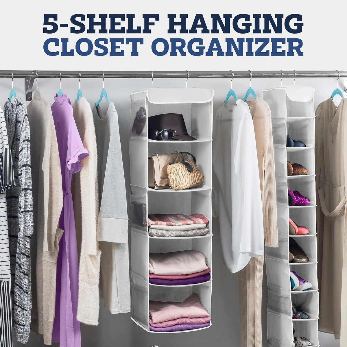 Hanging Closet Organizer, 5-Shelf - Hanging Storage Organizer Shelves for Clothes, Towels, Toys - College Dorm Room, Nursery, & Home Closet