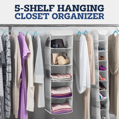 Hanging Closet Organizer, 5-Shelf - Hanging Storage Organizer Shelves for Clothes, Towels, Toys - College Dorm Room, Nursery, & Home Closet