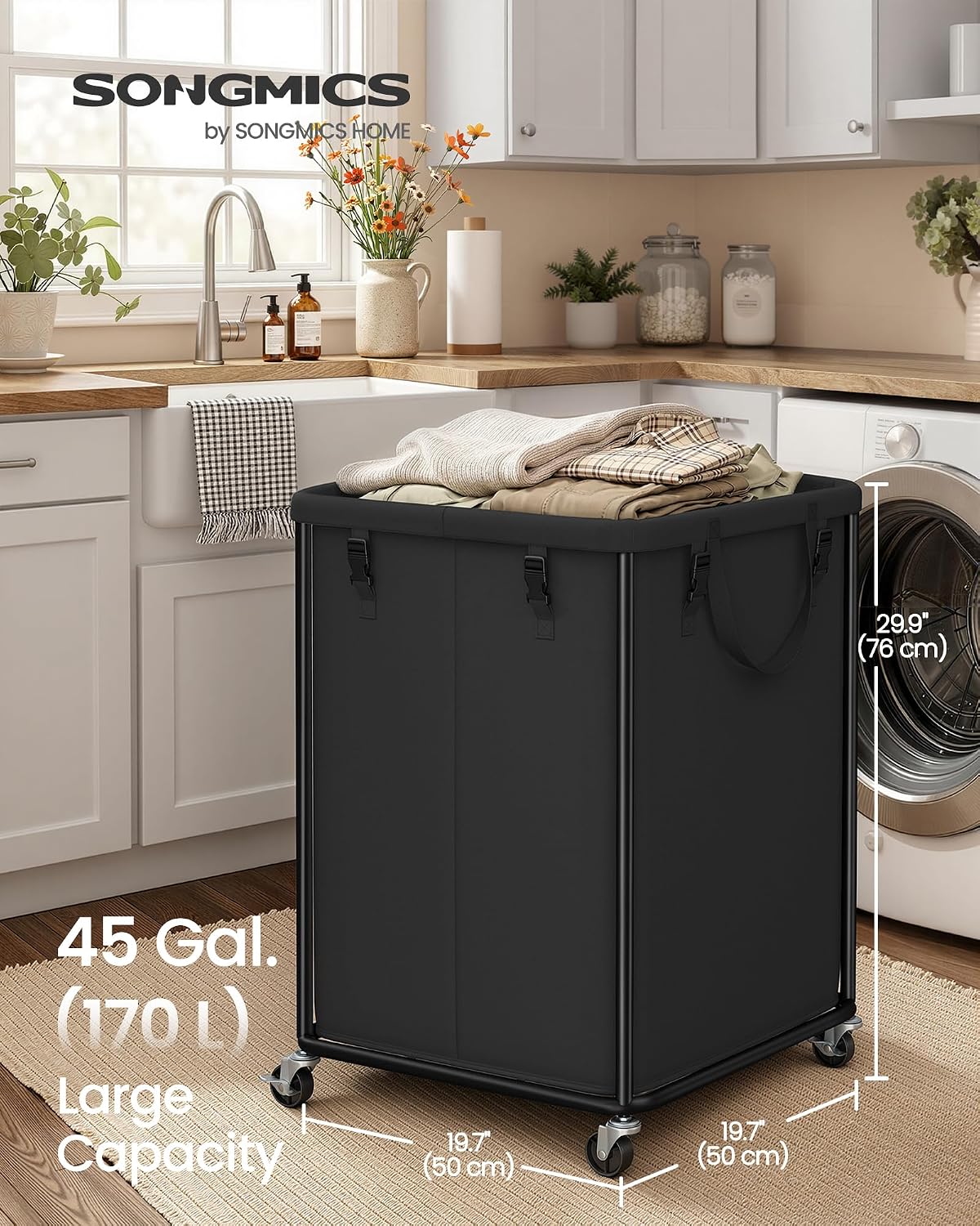 SONGMICS Laundry Basket with Wheels, Removable Liner Bag, 45 Gallon (170 L)