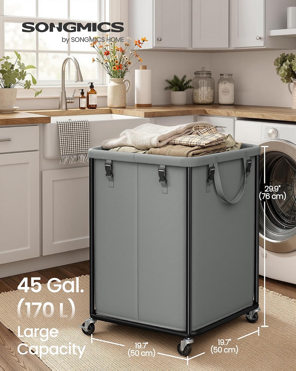 SONGMICS Laundry Basket with Wheels, Removable Liner Bag, 45 Gallon (170 L)