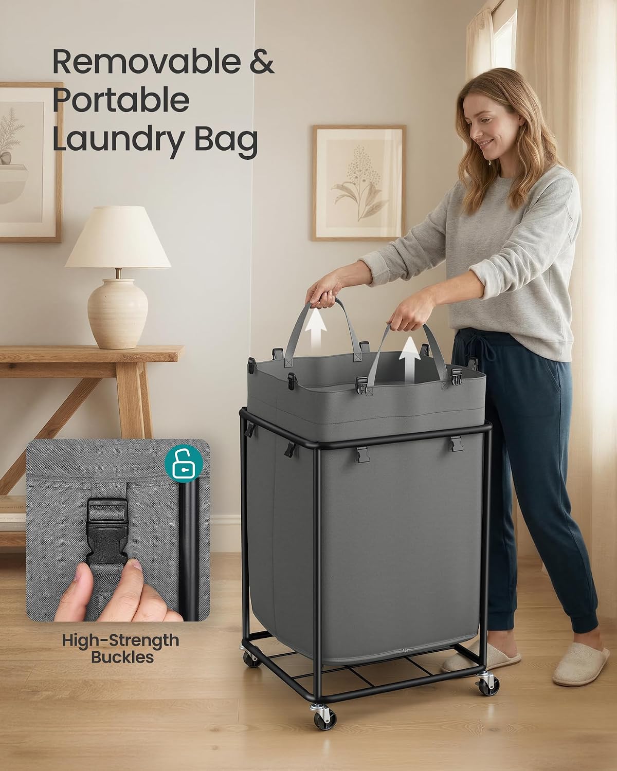 SONGMICS Laundry Basket with Wheels, Removable Liner Bag, 45 Gallon (170 L)