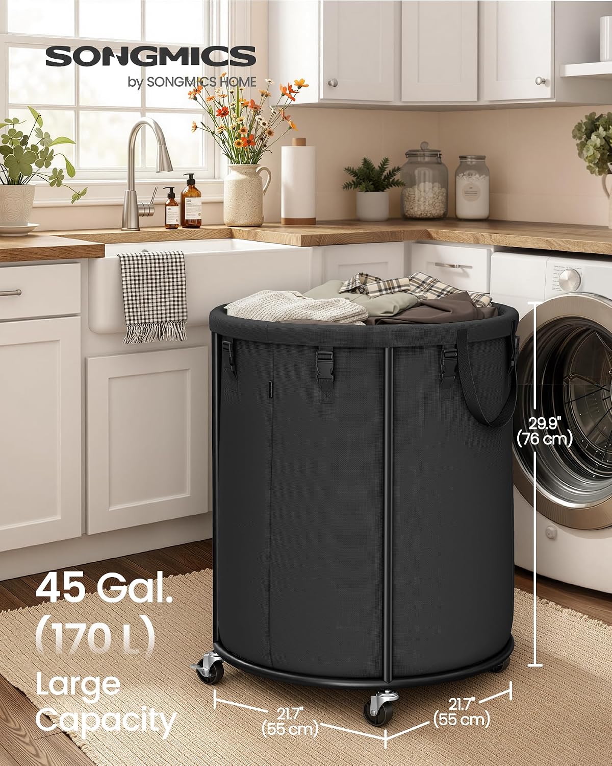 SONGMICS Laundry Basket with Wheels, Removable Liner Bag, 45 Gallon (170 L)