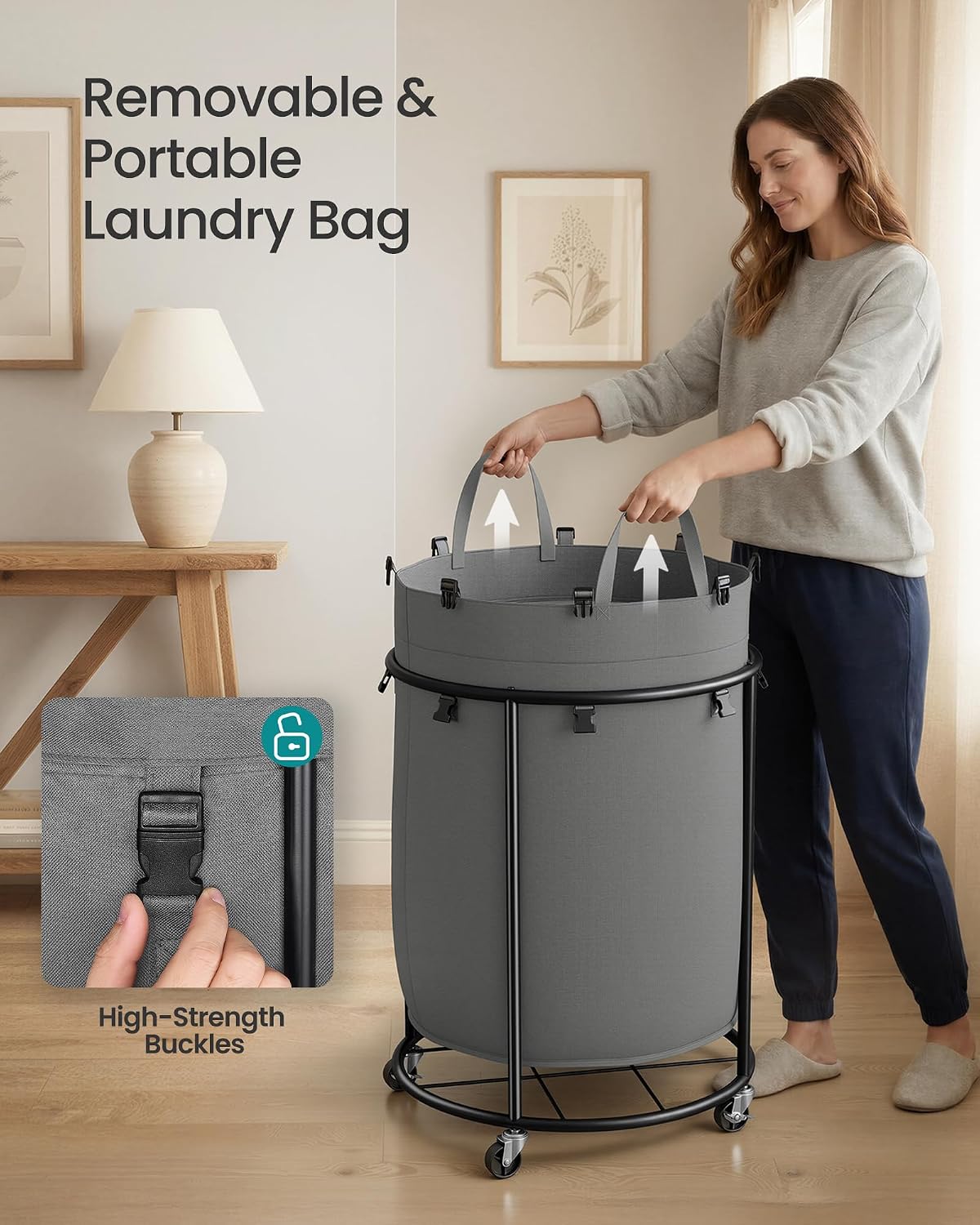 SONGMICS Laundry Basket with Wheels, Removable Liner Bag, 45 Gallon (170 L)