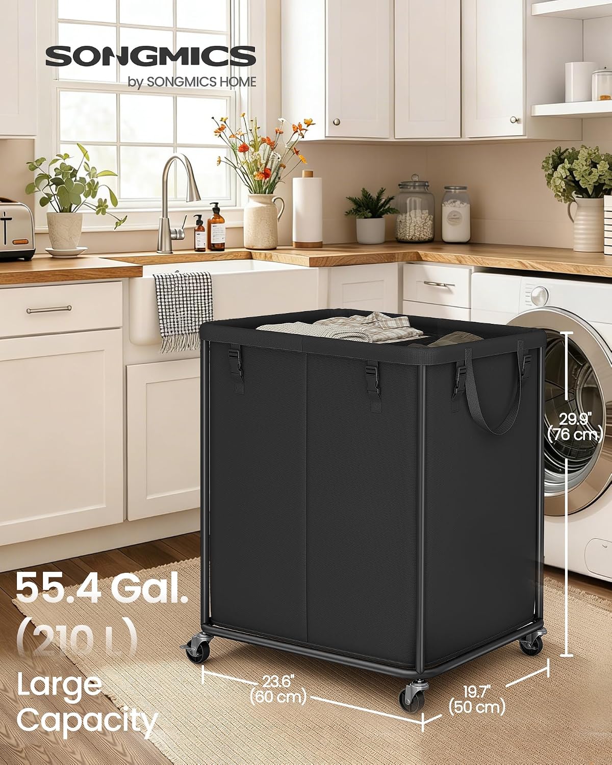 SONGMICS Laundry Basket with Wheels, Removable Liner Bag, 45 Gallon (170 L)