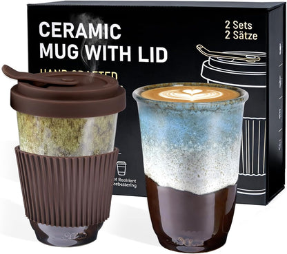 13oz Ceramic Coffee Mug with Lids 2 Sets, Travel Coffee Cup with Lids Leak-proof Fit Car Holder, Cute Mug Set w/Silicon Sleeve Microwavable Pb Cd Free, Gift for Congrate Birthday Wedding