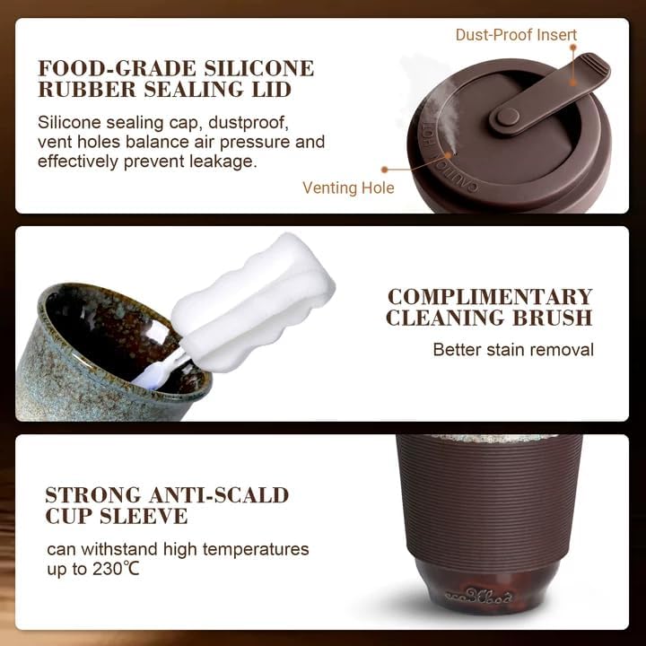 13oz Ceramic Coffee Mug with Lids 2 Sets, Travel Coffee Cup with Lids Leak-proof Fit Car Holder, Cute Mug Set w/Silicon Sleeve Microwavable Pb Cd Free, Gift for Congrate Birthday Wedding