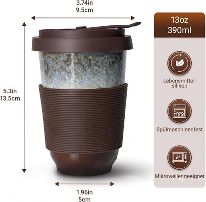 13oz Ceramic Coffee Mug with Lids 2 Sets, Travel Coffee Cup with Lids Leak-proof Fit Car Holder, Cute Mug Set w/Silicon Sleeve Microwavable Pb Cd Free, Gift for Congrate Birthday Wedding