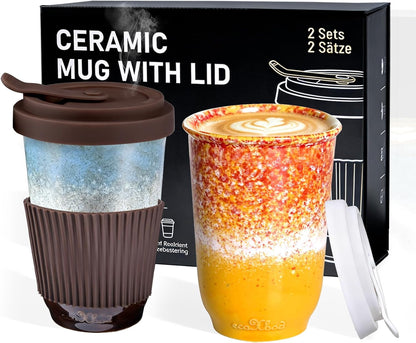 13oz Ceramic Coffee Mug with Lids 2 Sets, Travel Coffee Cup with Lids Leak-proof Fit Car Holder, Cute Mug Set w/Silicon Sleeve Microwavable Pb Cd Free, Gift for Congrate Birthday Wedding