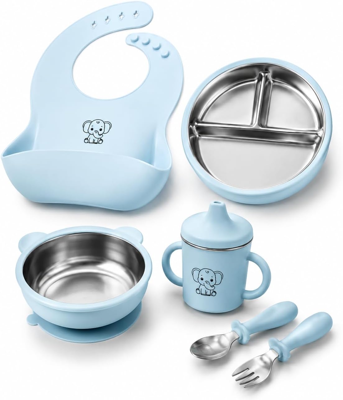 6-Piece Baby Feeding Set with Stainless Steel Inserts - Non-Toxic Baby Led Weaning Supplies, Divided Suction Plate, Bear-Eared Bowl, Sippy Cup, Adjustable Bib, Toddler Spoon and Fork Set, Baby Blue