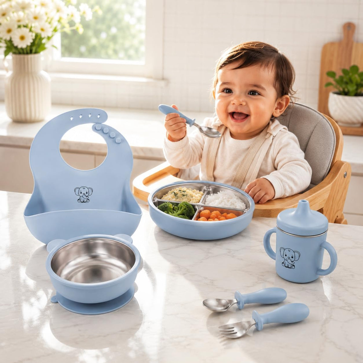 6-Piece Baby Feeding Set with Stainless Steel Inserts - Non-Toxic Baby Led Weaning Supplies, Divided Suction Plate, Bear-Eared Bowl, Sippy Cup, Adjustable Bib, Toddler Spoon and Fork Set, Baby Blue