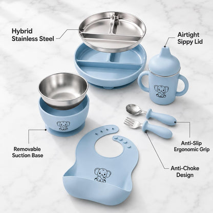 6-Piece Baby Feeding Set with Stainless Steel Inserts - Non-Toxic Baby Led Weaning Supplies, Divided Suction Plate, Bear-Eared Bowl, Sippy Cup, Adjustable Bib, Toddler Spoon and Fork Set, Baby Blue