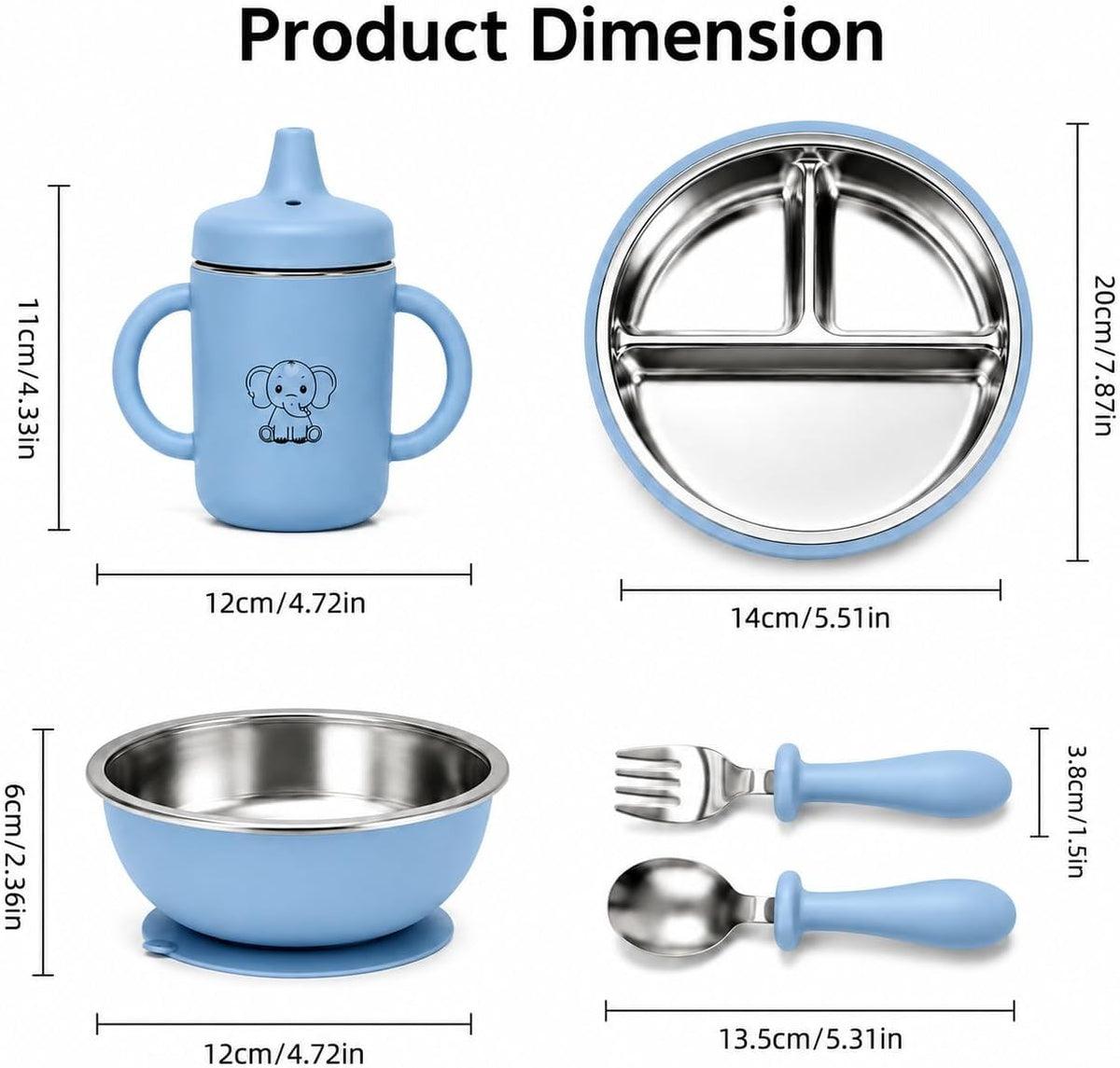 6-Piece Baby Feeding Set with Stainless Steel Inserts - Non-Toxic Baby Led Weaning Supplies, Divided Suction Plate, Bear-Eared Bowl, Sippy Cup, Adjustable Bib, Toddler Spoon and Fork Set, Baby Blue