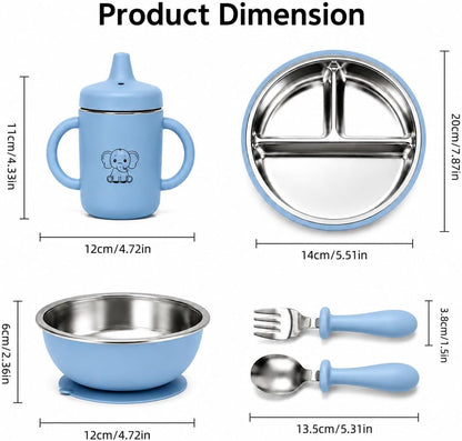6-Piece Baby Feeding Set with Stainless Steel Inserts - Non-Toxic Baby Led Weaning Supplies, Divided Suction Plate, Bear-Eared Bowl, Sippy Cup, Adjustable Bib, Toddler Spoon and Fork Set, Baby Blue