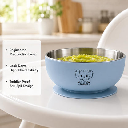 6-Piece Baby Feeding Set with Stainless Steel Inserts - Non-Toxic Baby Led Weaning Supplies, Divided Suction Plate, Bear-Eared Bowl, Sippy Cup, Adjustable Bib, Toddler Spoon and Fork Set, Baby Blue