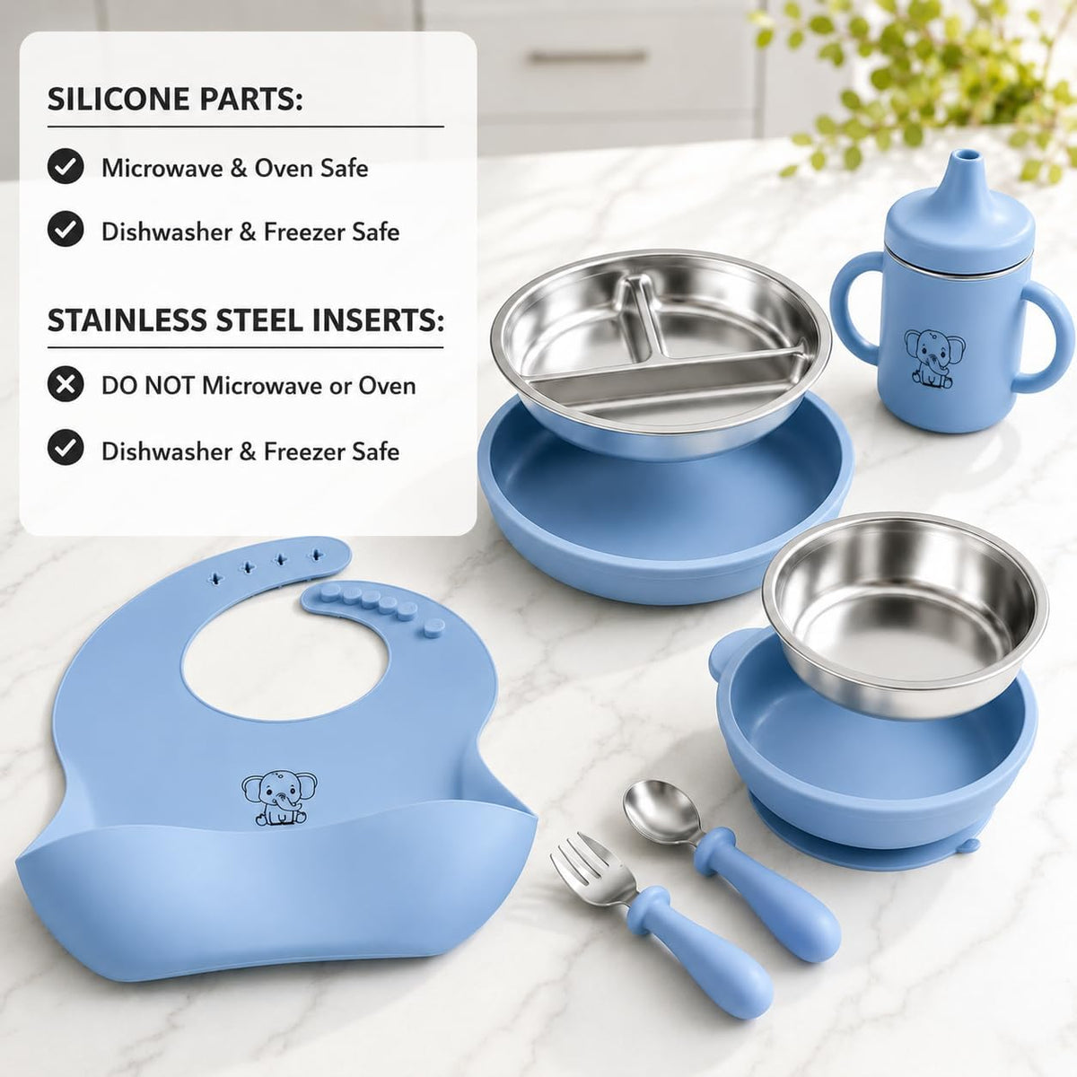6-Piece Baby Feeding Set with Stainless Steel Inserts - Non-Toxic Baby Led Weaning Supplies, Divided Suction Plate, Bear-Eared Bowl, Sippy Cup, Adjustable Bib, Toddler Spoon and Fork Set, Baby Blue