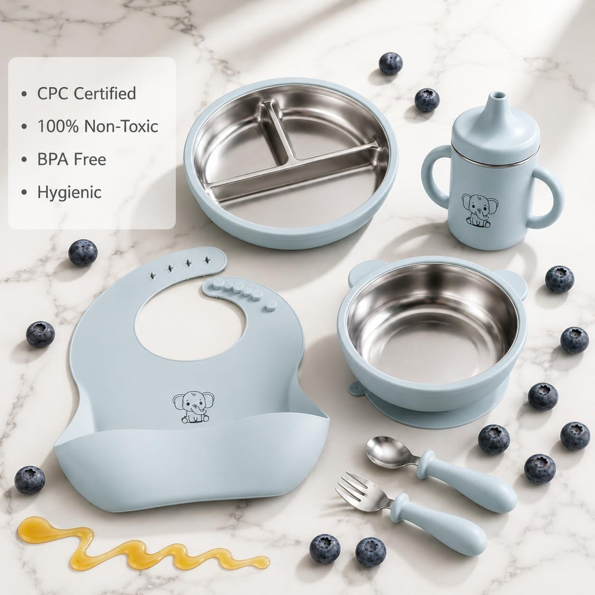 6-Piece Baby Feeding Set with Stainless Steel Inserts - Non-Toxic Baby Led Weaning Supplies, Divided Suction Plate, Bear-Eared Bowl, Sippy Cup, Adjustable Bib, Toddler Spoon and Fork Set, Baby Blue