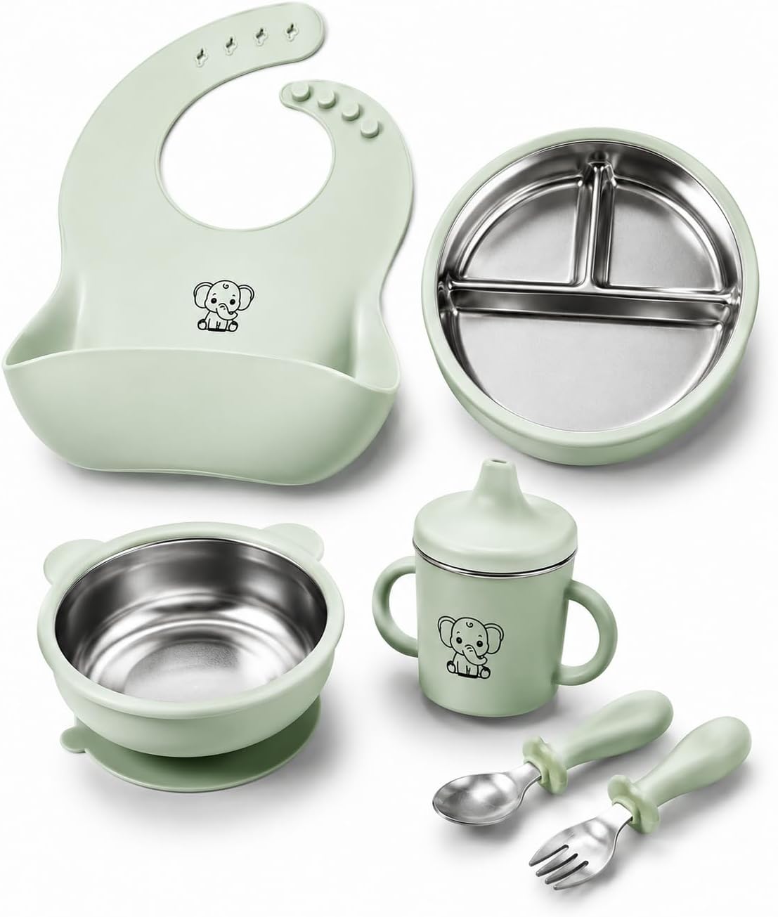 6-Piece Baby Feeding Set with Stainless Steel Inserts - Non-Toxic Baby Led Weaning Supplies, Divided Suction Plate, Bear-Eared Bowl, Sippy Cup, Adjustable Bib, Toddler Spoon and Fork Set, Baby Blue