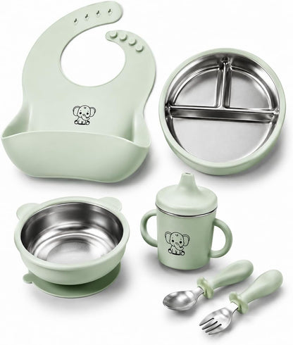 6-Piece Baby Feeding Set with Stainless Steel Inserts - Non-Toxic Baby Led Weaning Supplies, Divided Suction Plate, Bear-Eared Bowl, Sippy Cup, Adjustable Bib, Toddler Spoon and Fork Set, Baby Blue