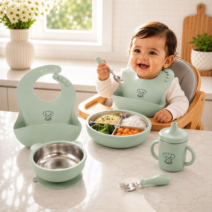 6-Piece Baby Feeding Set with Stainless Steel Inserts - Non-Toxic Baby Led Weaning Supplies, Divided Suction Plate, Bear-Eared Bowl, Sippy Cup, Adjustable Bib, Toddler Spoon and Fork Set, Baby Blue