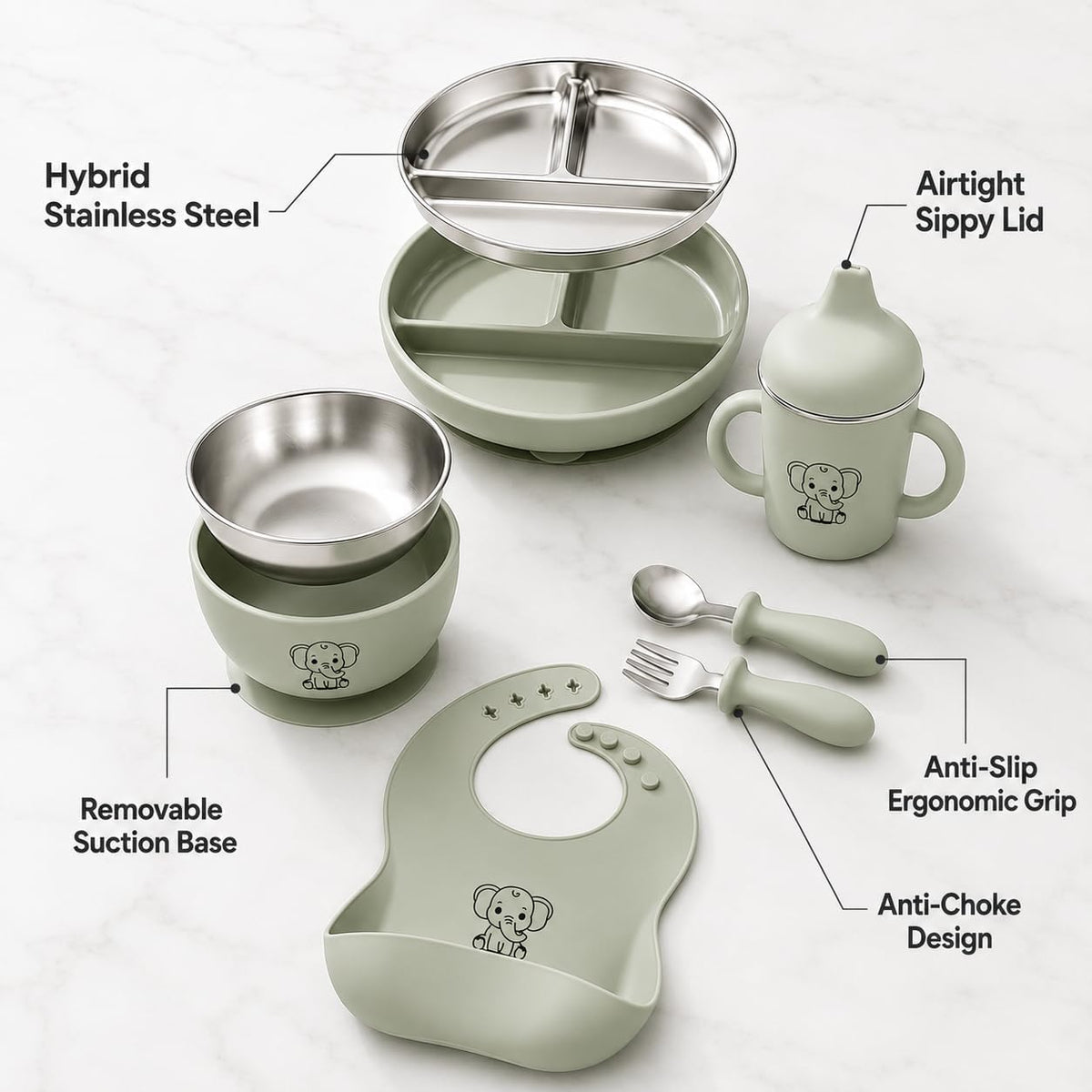 6-Piece Baby Feeding Set with Stainless Steel Inserts - Non-Toxic Baby Led Weaning Supplies, Divided Suction Plate, Bear-Eared Bowl, Sippy Cup, Adjustable Bib, Toddler Spoon and Fork Set, Baby Blue