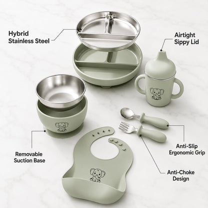6-Piece Baby Feeding Set with Stainless Steel Inserts - Non-Toxic Baby Led Weaning Supplies, Divided Suction Plate, Bear-Eared Bowl, Sippy Cup, Adjustable Bib, Toddler Spoon and Fork Set, Baby Blue