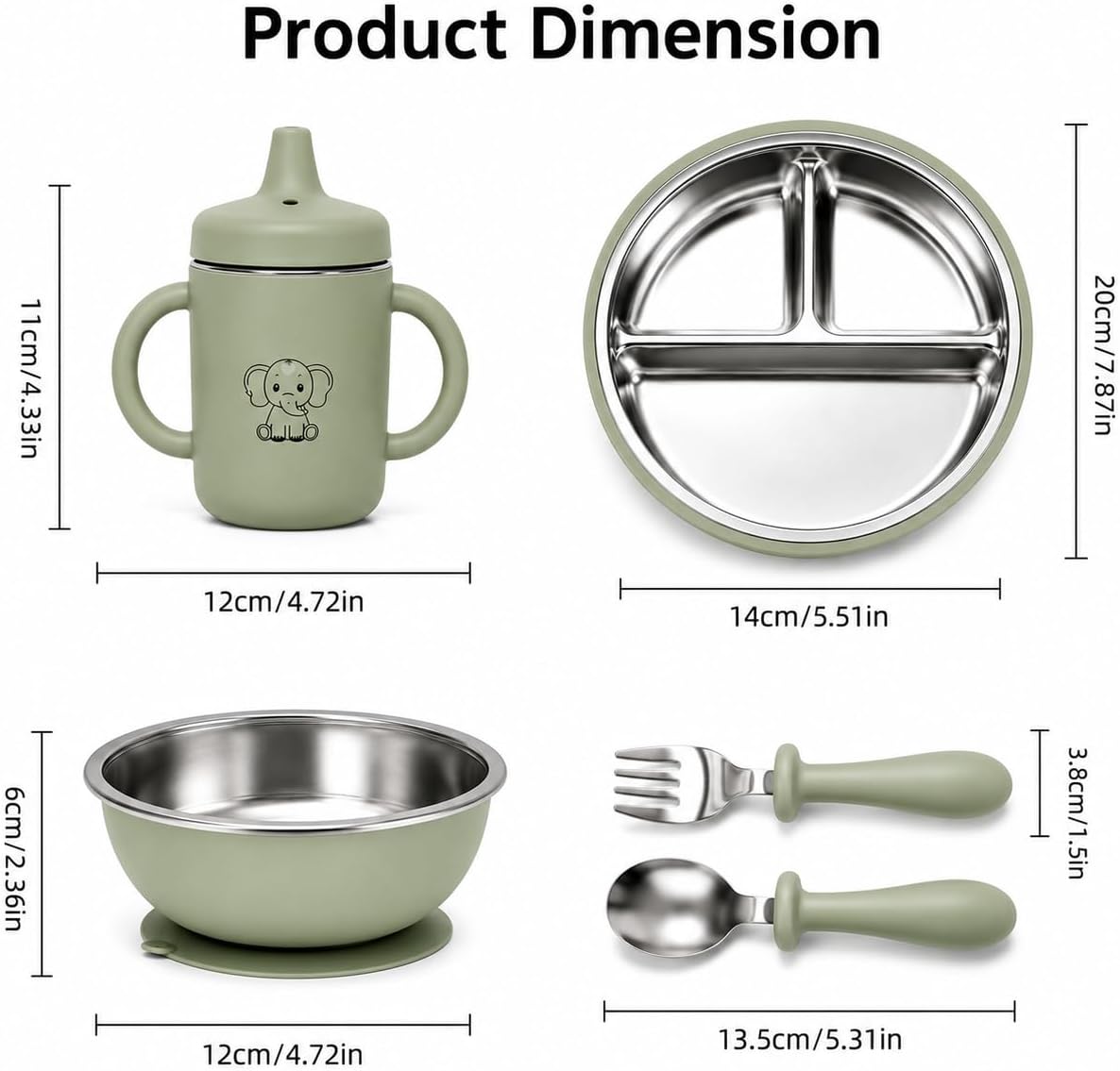 6-Piece Baby Feeding Set with Stainless Steel Inserts - Non-Toxic Baby Led Weaning Supplies, Divided Suction Plate, Bear-Eared Bowl, Sippy Cup, Adjustable Bib, Toddler Spoon and Fork Set, Baby Blue