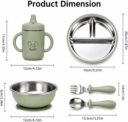 6-Piece Baby Feeding Set with Stainless Steel Inserts - Non-Toxic Baby Led Weaning Supplies, Divided Suction Plate, Bear-Eared Bowl, Sippy Cup, Adjustable Bib, Toddler Spoon and Fork Set, Baby Blue