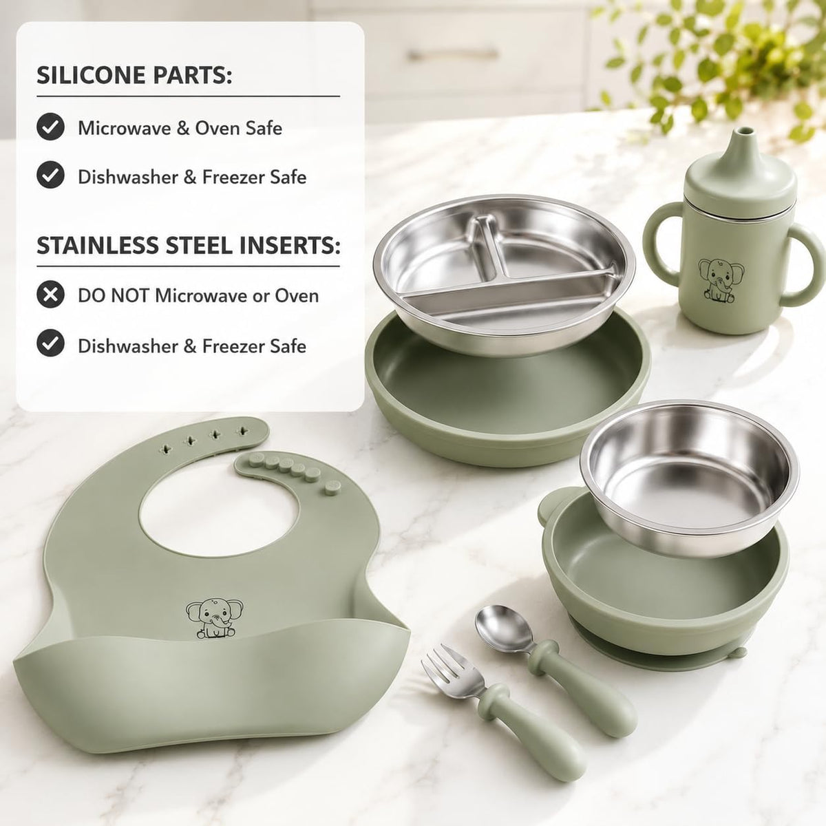 6-Piece Baby Feeding Set with Stainless Steel Inserts - Non-Toxic Baby Led Weaning Supplies, Divided Suction Plate, Bear-Eared Bowl, Sippy Cup, Adjustable Bib, Toddler Spoon and Fork Set, Baby Blue