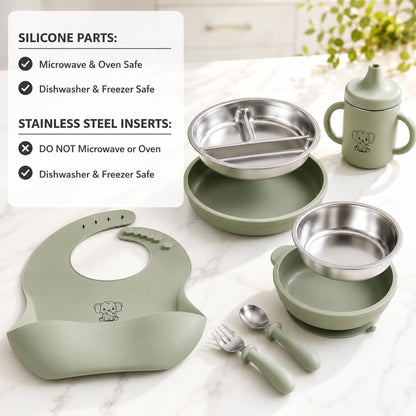6-Piece Baby Feeding Set with Stainless Steel Inserts - Non-Toxic Baby Led Weaning Supplies, Divided Suction Plate, Bear-Eared Bowl, Sippy Cup, Adjustable Bib, Toddler Spoon and Fork Set, Baby Blue